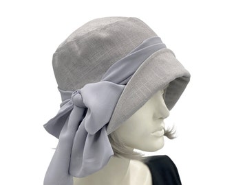 Summer Cloche Hat, Gray Linen Hat with Chiffon Bow Scarf, 1920s Style Gatsby Wedding Hat, Tea Party and Cruise Hat, Handmade in the USA