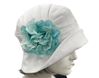 Summer Cloche Hat, White Linen hat with Aqua Hydrangea Flower Brooch, Summer Hats Women, 1920s  Fashion, Handmade in the USA