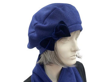 Fleece Beret, Navy Blue with Velvet Bow, Size Medium Ready To Ship, Last Minute Gift, Chemo Headwear, Handmade in the USA