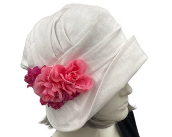 Flapper Hat, White Linen Hat Women, with Pink Faux Silk Flower Brooch, Summer Cloche Hat, Handmade in the USA