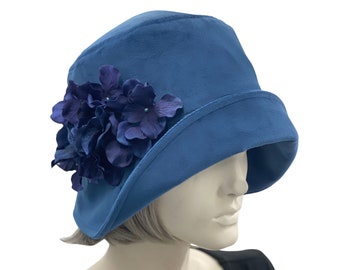 1920s Cloche Hat, Blue Velvet Hat with Hydrangea Flower Brooch, Handmade in the USA, Elegant Formal Headwear