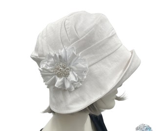 Cloche Hat Women, White Linen Wedding Hat with Satin and Rhinestone Brooch, Handmade in the USA