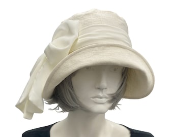 Summer Cloche Hat, Cream Linen with Chiffon Scarf, Gatsby Wedding, Mother of the Bride Hat, Kentucky Derby Hats For Women