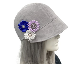 Cloche Hat Women, Linen Peaked Cap with Three Ribbon Flowers,  Handmade Small Business, Choose your Colors