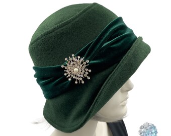Womens Cloche Hat, Dark Green Woolen Fabric Hat with Velvet Band and Vintage Rhinestone Brooch, Quality Millinery, Handmade in the USA