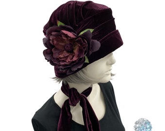 Velvet Cloche Hat, 1920s Style Soft Elegant, Chemo Headwear, Eggplant Purple with Peony Flower Brooch and Velvet Necktie Scarf, Handmade USA