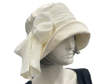 Summer Cloche Hat, Cream Linen Hat with Chiffon Bow Scarf, Gatsby Wedding, Vintage Style Garden Party and Tea Party Hat, Handmade USA