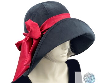 Wide Brim Velvet Hat, Big Brim Hat, with Deep Red Satin Band and Bow, Winter Hats Women, Handmade in the USA