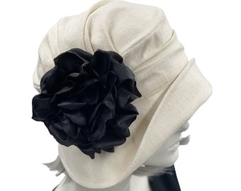 Cloche Hat Women, Linen Hat with Large Rose Brooch, 1930s Style Hat, Tea Party, Wedding Guest Hat, Handmade in the USA