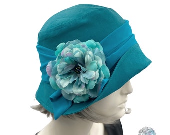 Summer Cloche Hat, Teal Linen Hat with Chiffon Band and Pretty Flower Brooch, 1920s Cloche Hat, OOAK, Ready to Ship Size Small