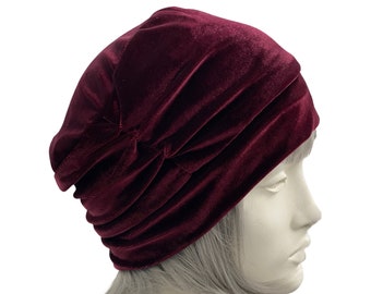 Velvet Cloche Hat, Burgundy Satin Lined Hat, Ready to Ship, Size Small, Chemo Headwear , Handmade in the USA, Last Minute Gift