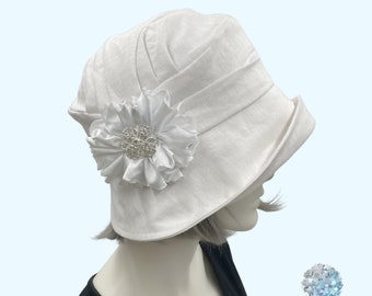 Cloche Hat Women, White Linen Wedding Hat with Satin and Rhinestone Brooch, Handmade in the USA