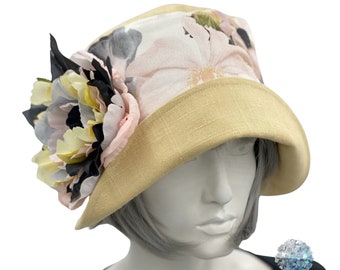 Summer Cloche Hat, Linen Hat with Floral Print and Large Peony Style Flower Brooch, 1920s Cloche Hat, Handmade in the USA