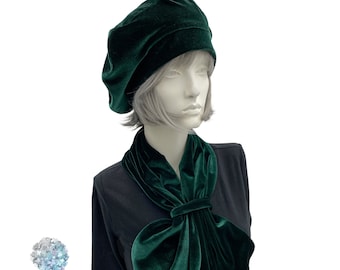 Handmade Velvet Beret and Scarf Set, Satin Lined Size Medium