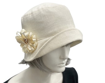 Cappello Cloche da donna, cappello in lino stile anni '20, matrimonio Tea Party, festa sul prato dell'età del jazz, fatto a mano negli Stati Uniti