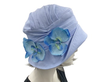 Summer Cloche Hat, Pale Blue Linen Hat with Orchid Flowers, 1920s Cloche Hat, Gatsby Wedding, Tea Party Hat, Races