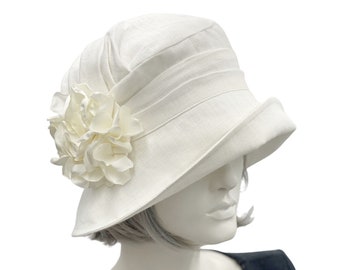 Summer Cloche Hat, 1920s Wedding, Vintage Style Linen Hat with Hydrangea Brooch, Several colors Available, Large Head Hats, Handmade in USA