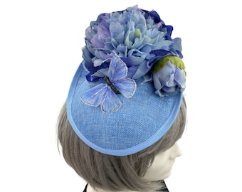 Womens Kentucky Derby Hats, Blue Peony and Butterfly Flower Fascinator, Handmade, Ready to Ship and One of a Kind,