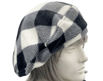 Berets for Women, Black and White Buffalo Check Fleece Hat, Ready to Ship Size Medium, Satin Lined Hat, Chemo Headwear, Handmade in USA