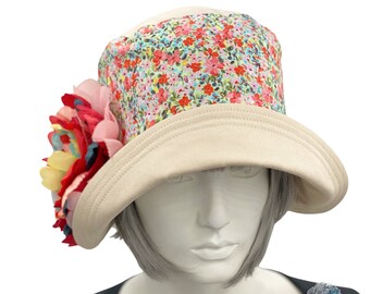 Cloche Hat Women, Cotton Hat with Floral Print and Large Peony Style Brooch, Flapper Hat, Tea Party Hat, Handmade in the USA