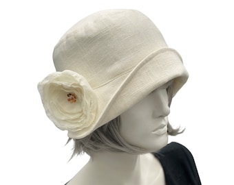 Cappello cloche estivo, con spilla rosa in chiffon, matrimonio e addio al nubilato, cappello cloche in lino, scegli il tuo colore, fatto a mano negli Stati Uniti