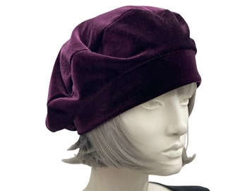 Velvet Beret, Eggplant Plum Beret Hat, or Choose Your Color, Satin Lined Hat, Chemo Headwear, Handmade in USA