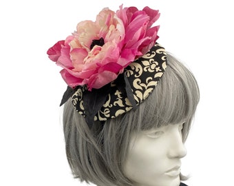 Kentucky Derby Fascinator, Black and Cream with Large Pink Peony Flower, Fascinator Headband, Hatinator, Handmade in the USA