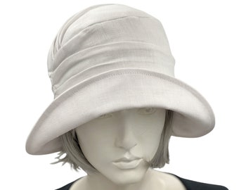 Summer Cloche Hat, in White Linen, Weddings Garden Parties and The Races, Handmade in USA