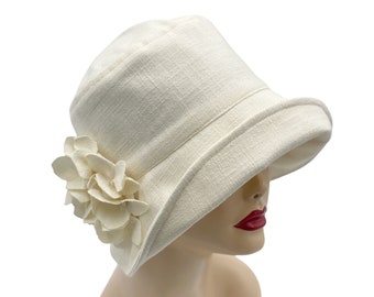 1920s Cloche Hat, Gatsby Wedding, Cream Linen Hat with Hydrangea Brooch, or Choose Your Color, Handmade in USA