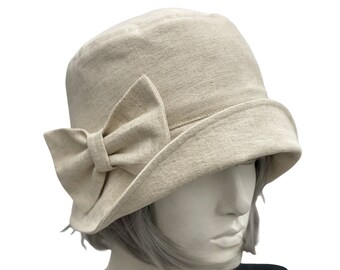 Summer Cloche Hat, Beige Linen Hat with Bow, or Choose Your Color, Handmade in the USA