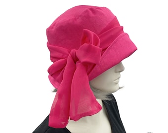Summer Cloche Hat, Linen Sun Hat, Fuchsia Pink with Chiffon Bow Scarf, or Choose Your Color, Handmade in the USA