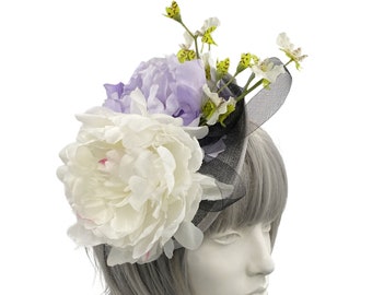 Grey Fascinator, with Large Off White and Lilac Peony Flowers, Accented with Spring Green Orchid Spray, Fascinator Headband, One of a Kind