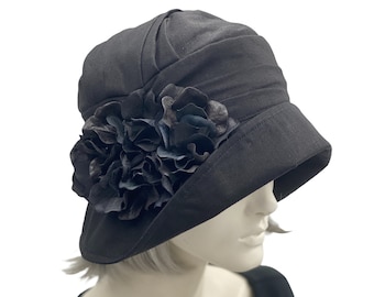 1930s Hat, Cloche Hat Women, in Black Linen or Choose Your Color, with Hydrangea Brooch, Vintage Style, Handmade in USA