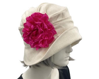 Cloche Hat Women, Linen Hat with Large Pink Rose Brooch, Unique Summer Wedding and Tea Party Hat, Handmade in the USA