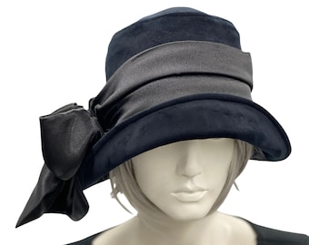 Cloche Hat Women, Black Velvet Hat with Satin Bow Scarf, or Choose Your Color, Handmade in the USA