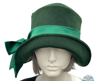 Dark Green Hat, Cloche Hat Women, with Satin Band and Bow, Handmade in Woolen Fabric, Satin Lined, Quality Millinery USA