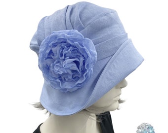 Summer Cloche Hat, Gatsby Wedding, Handmade in Pale Blue Linen with Chiffon Peony Flower Brooch, Garden Party and Tea Party Hat