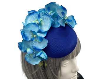 Royal Blue Fascinator, Orchidee Hoofddeksel, Derby Hoeden Voor Vrouwen, Bruiloft Hoed, Handgemaakt in de VS