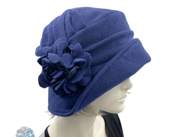 Cloche Hat Women, Handmade in Navy Blue Fleece or Choose Your Color, Satin Lined Winter Hats Women, 1920s Fashion