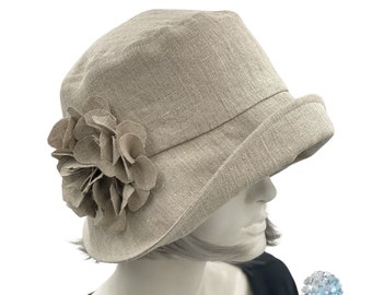 Summer Cloche Hat Women, Handmade in Beige Linen or Choose Your Color, Hydrangea Floral Brooch Accessory, Made in USA