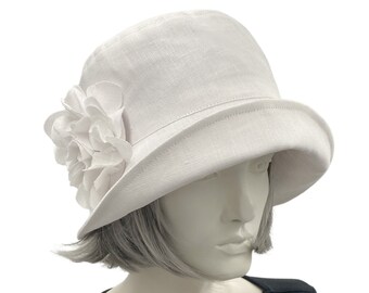 Summer Cloche Hat, 1920s Wedding Hat with Hydrangea Flower Brooch, Antique White Linen Hat or Choose Your Color, Handmade in the USA