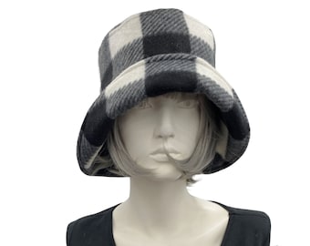 Cloche Hat, Winter Hats Women, Buffalo Plaid, Ready to Ship Size Small, Black and Off White, Last Minute Gift Made in USA