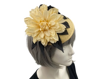 Kentucky Derby Hats For Women, Buttery Yellow and Black Dahlia Flower Fascinator, Handmade Ready to Ship, One of a Kind