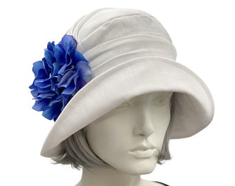 Summer Cloche Hat, Wedding Hat, Kentucky Derby Hat, White Linen Hat with Hydrangea Brooch of your Chosen Color, Handmade USA