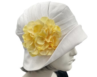 Linen Hat Women, Cloche Hat 1920s, White Kentucky Derby Hat, with Yellow Hydrangea Petal Brooch,  Handmade in the USA