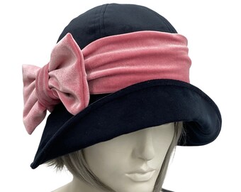 Velvet Cloche Hat, 1930s Hat, with Velvet Band and Bow, Winter Hats Women, Handmade in the USA, Unique Millinery