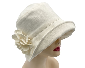 1920s Cloche Hat, Gatsby Wedding, Cream Linen Hat with Hydrangea Brooch, or Choose Your Color, Handmade in USA