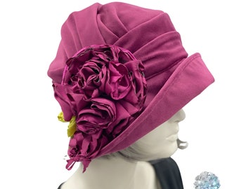 Cloche Hat Women, in Raspberry Velvet with Large Peony Style Brooch, 1920s Fashion, Unique Quality Millinery, Handmade in the USA