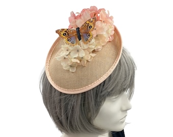 Wedding Hats and Fascinators, Apricot Peach Hydrangea, Flower Fascinator, with Butterfly, Handmade and One of a Kind, Ready to Ship