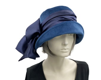 Cloche Hat Women, Blue Velvet Hat with Satin Bow Scarf, Navy Wedding Hat, Quality Millinery, Handmade in the USA